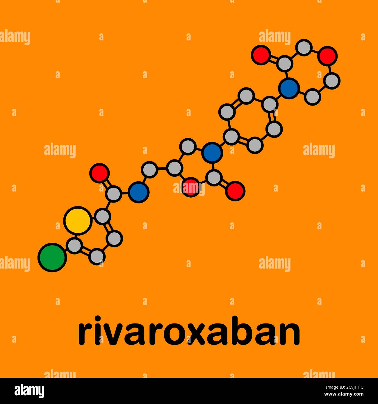 Molécule de médicament anticoagulant rivaroxaban (inhibiteur de facteur direct Xa). Formule squelettique stylisée (structure chimique). Les atomes sont représentés par un code de couleur c Banque D'Images