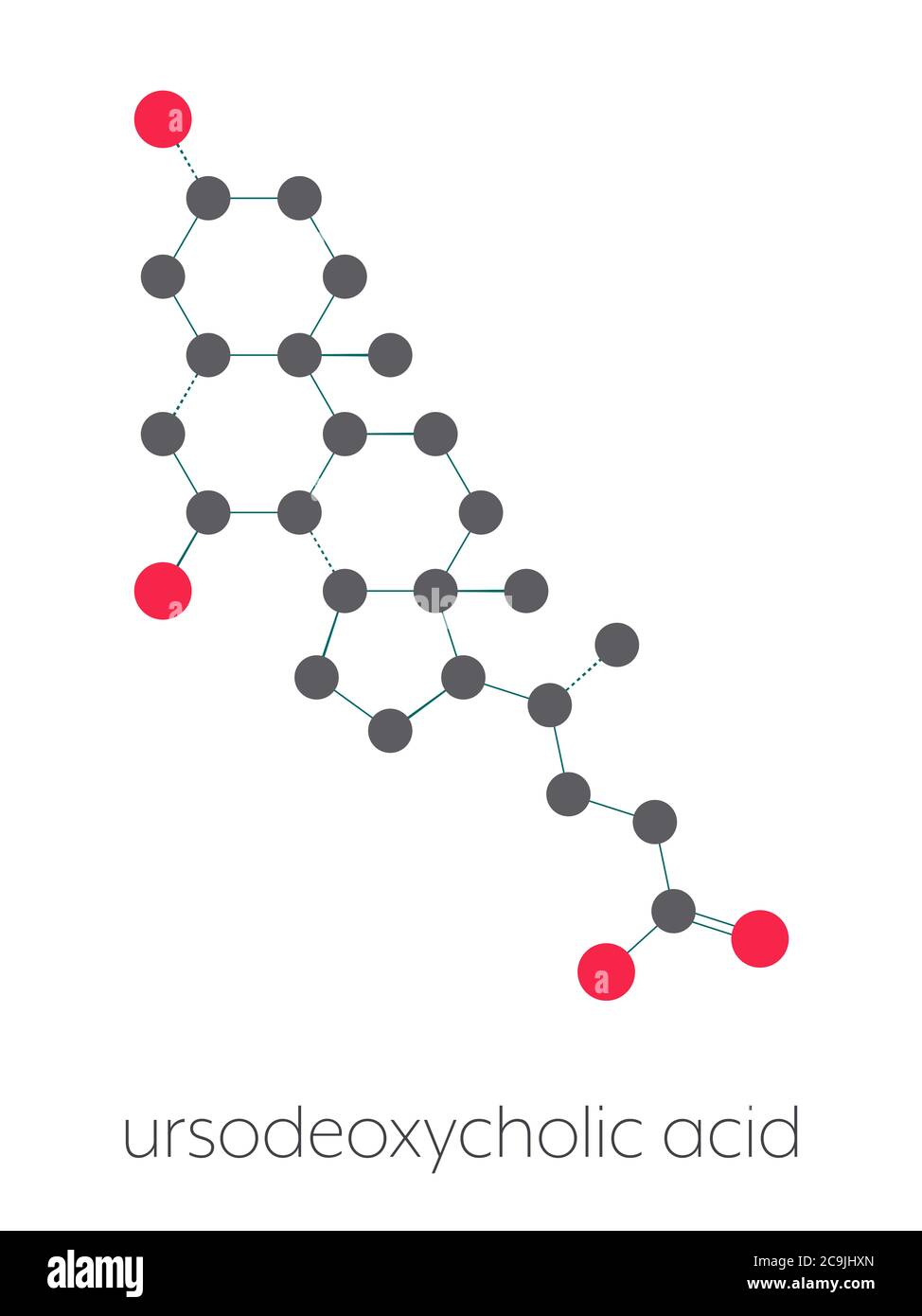 Ursodiol (acide ursodésoxycholique, UDCA) molécule de traitement de la pierre gallique. Formule squelettique stylisée (structure chimique). Les atomes sont affichés sous forme de code couleur Banque D'Images