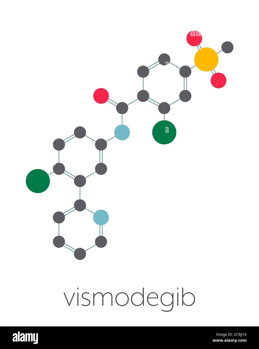 Molécule de médicament anticancéreux vismodegib. Utilisé dans le traitement du carcinome basocellulaire. Formule squelettique stylisée (structure chimique). Les atomes sont représentés par la couleur-c Banque D'Images