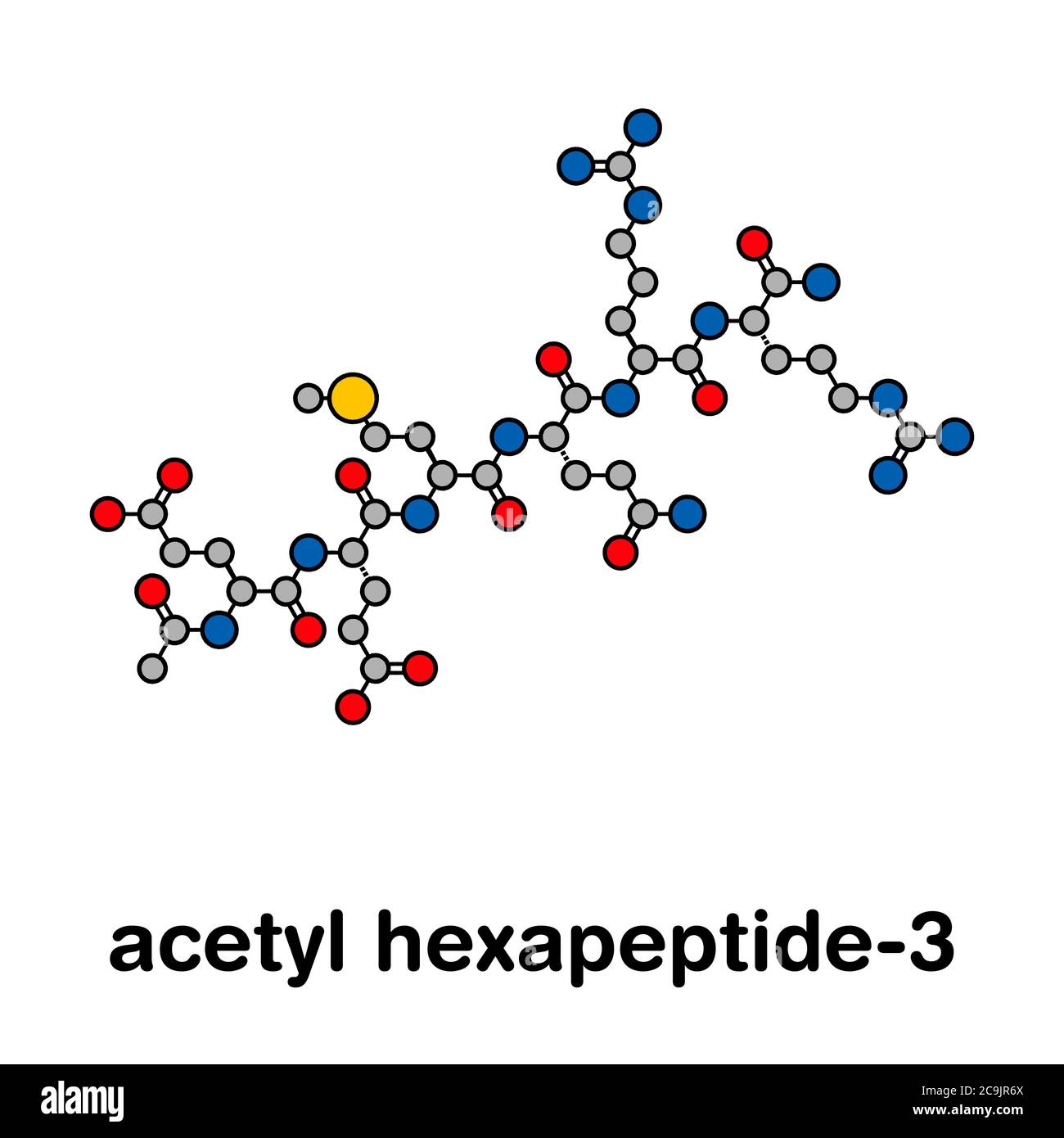 Molécule d'acétyl hexapeptide-3 (argiligne). Fragment de peptide de SNAP-25. Utilisé dans les cosmétiques pour traiter les rides. Formule squelette stylisée (strau chimique Banque D'Images