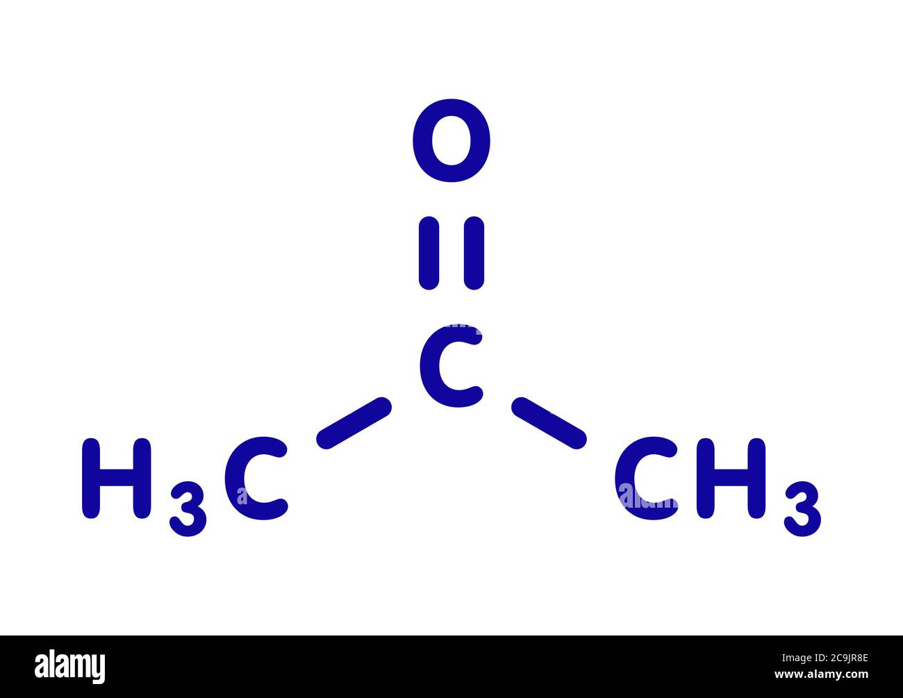 Molécule de solvant d'acétone. Solvant organique utilisé dans le dissolvant de vernis à ongles. Formule squelettique bleue sur fond blanc. Banque D'Images