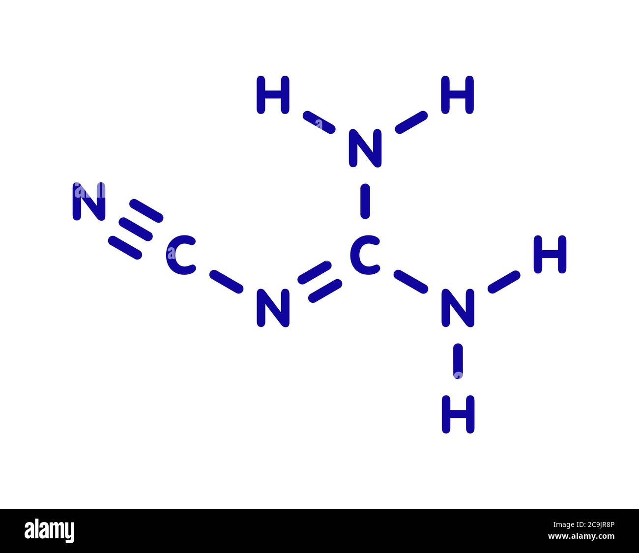 Molécule de dicyandiamide (cyanoguanidine-2, DCD). Utilisé comme engrais et dans la synthèse chimique. Formule squelettique bleue sur fond blanc. Banque D'Images