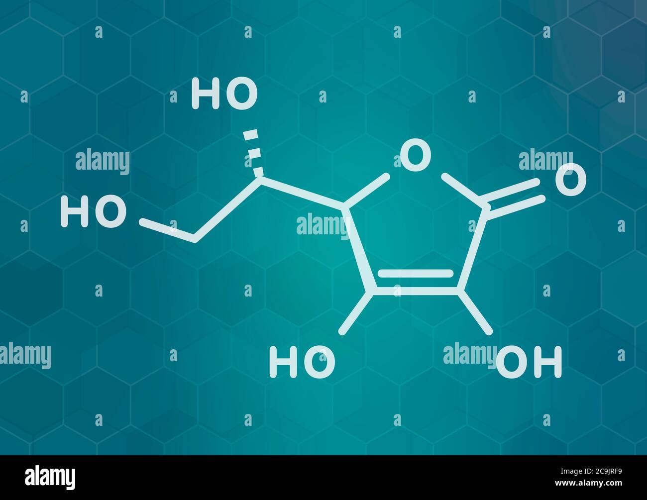 Molécule de vitamine C (acide ascorbique, ascorbate). Formule blanche du squelette sur fond de gradient sarcelle foncé avec motif hexagonal. Banque D'Images