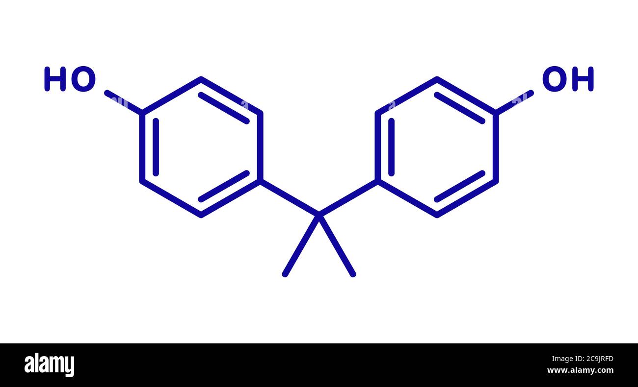 Molécule de polluant plastique bisphénol A (BPA). Produit chimique souvent présent dans les plastiques de polycarbonate, a des effets perturbateurs d'oestrogène. Formule bleue pour le squelette Banque D'Images