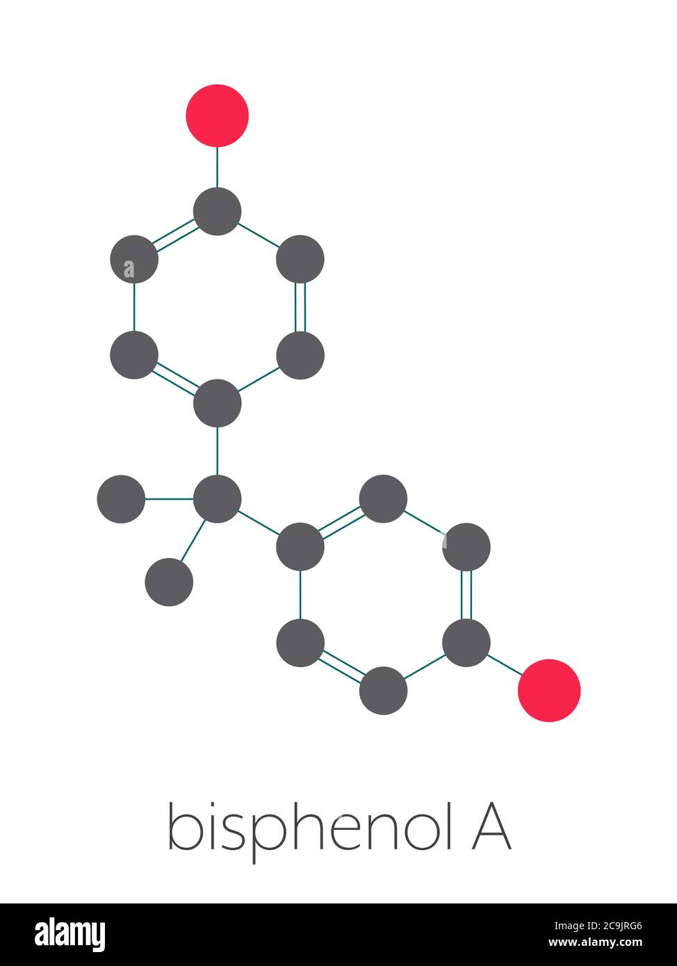 Molécule de polluant plastique bisphénol A (BPA). Produit chimique souvent présent dans les plastiques de polycarbonate, a des effets perturbateurs d'oestrogène. Squelette stylisé pour Banque D'Images