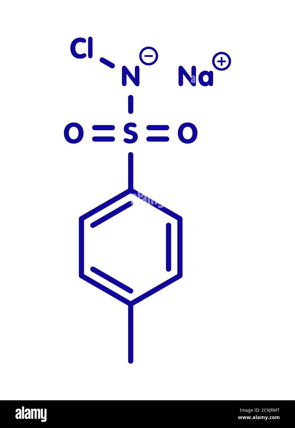 Molécule de désinfectant chloramine-T (tosylchloramide). Formule squelettique bleue sur fond blanc. Banque D'Images