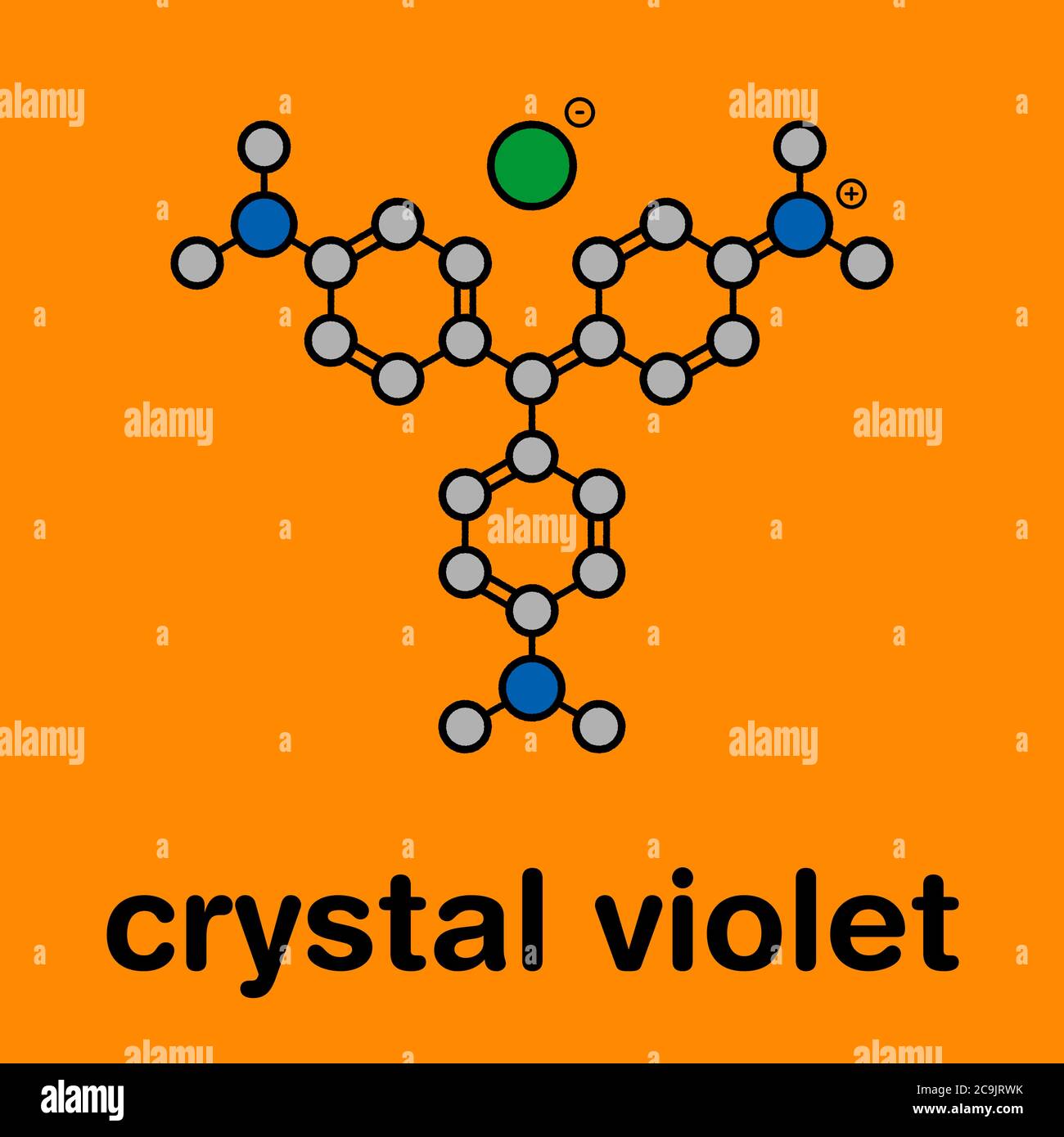 Molécule de violet de cristal (violet de gentiane). Molécule de colorant utilisée dans la coloration de Gram. Formule squelettique stylisée (structure chimique) : les atomes sont représentés en couleur Banque D'Images