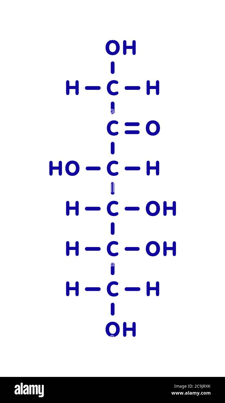 Molécule de sucre de fruit de fructose (D-fructose). Composant du sirop de maïs à haute teneur en fructose (HFCS). Formule squelettique bleue sur fond blanc. Banque D'Images