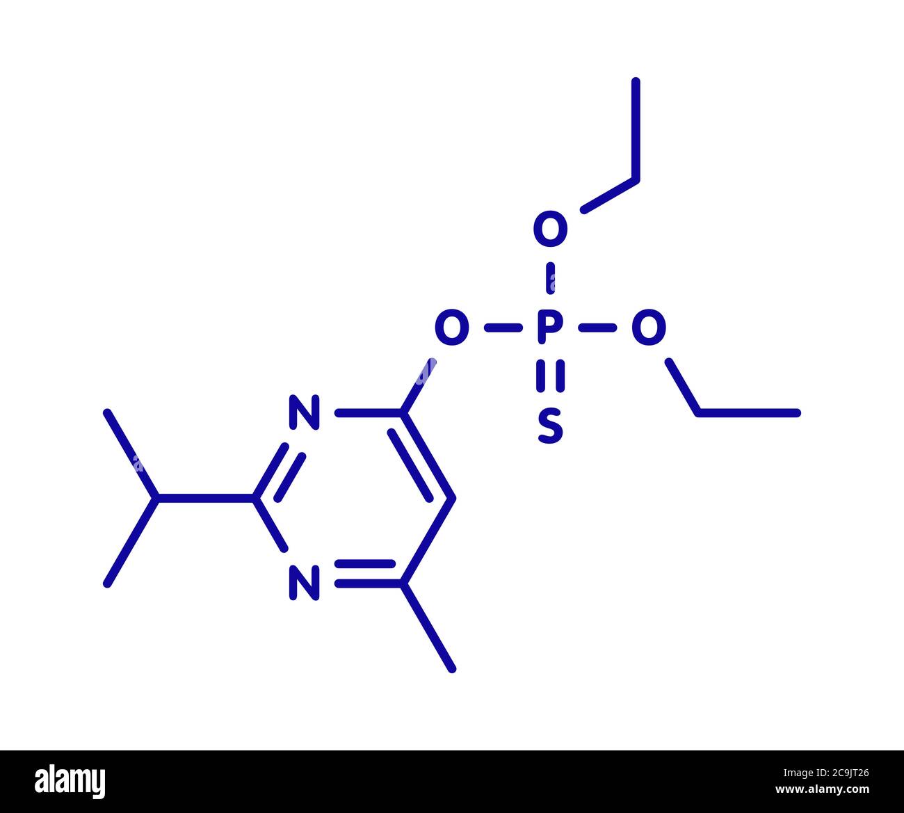 Molécule d'insecticide organophosphate de diazinon (dimpylate). Formule squelettique bleue sur fond blanc. Banque D'Images