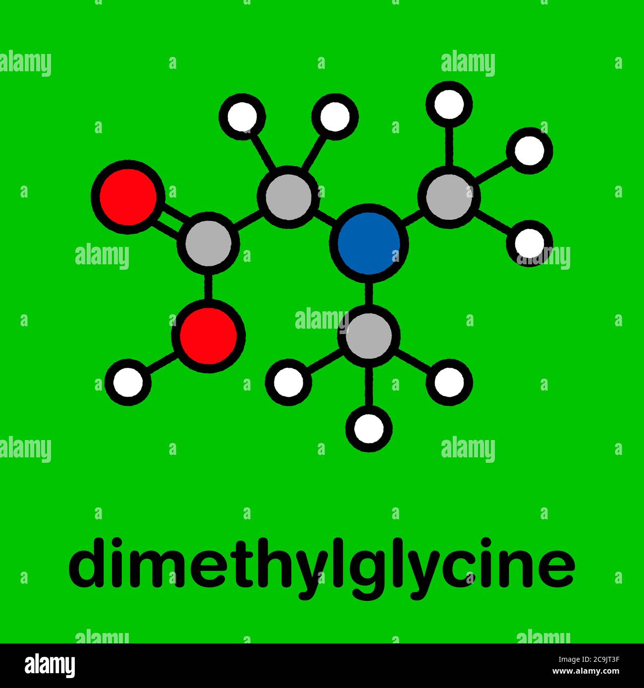 Molécule de diméthylglycine (DMG). Dérivé méthylé de la glycine, utilisé dans les suppléments nutritionnels d'amélioration de la performance. Formule squelette stylisée (ch Banque D'Images