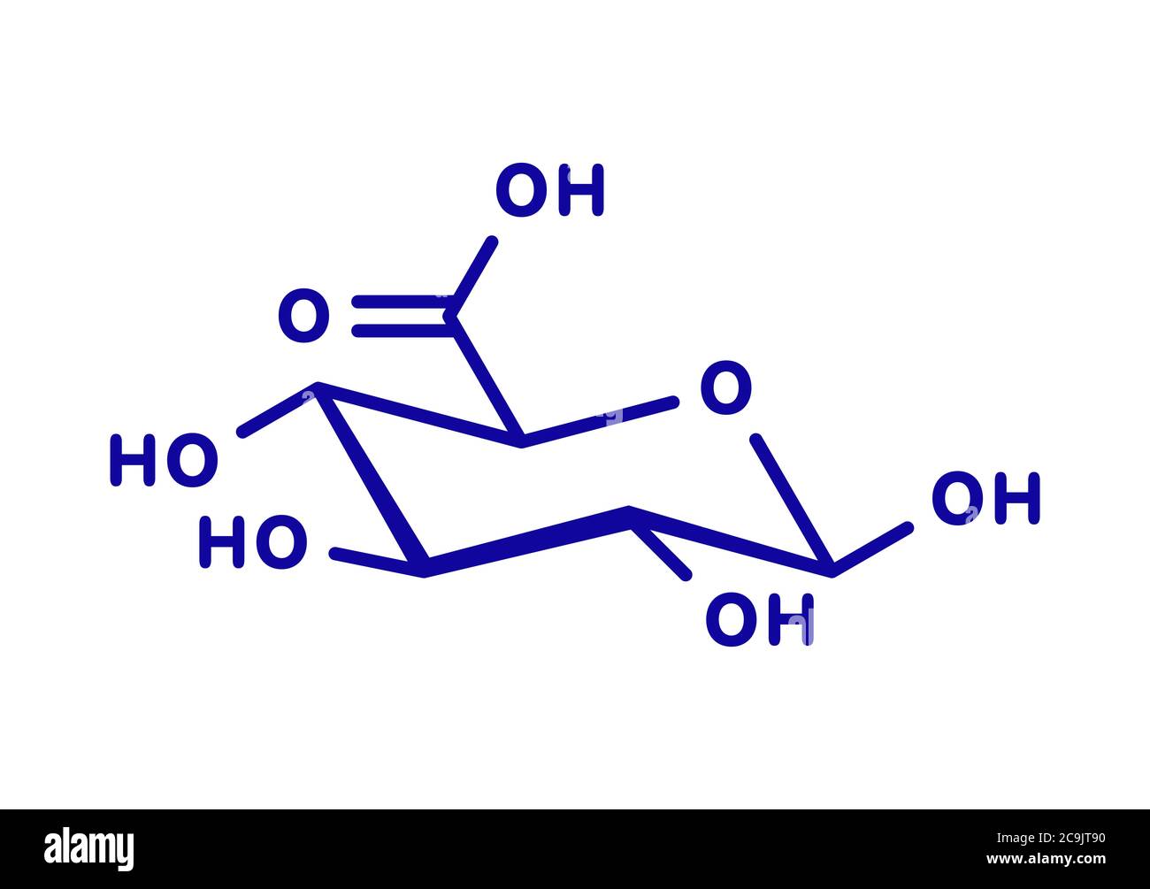 Molécule d'acide glucuronique. La glucuronoconjugaison des xénobiotiques jouent un rôle dans le métabolisme des médicaments, donnant des glucuronides. Formule topologique bleu sur fond blanc Banque D'Images