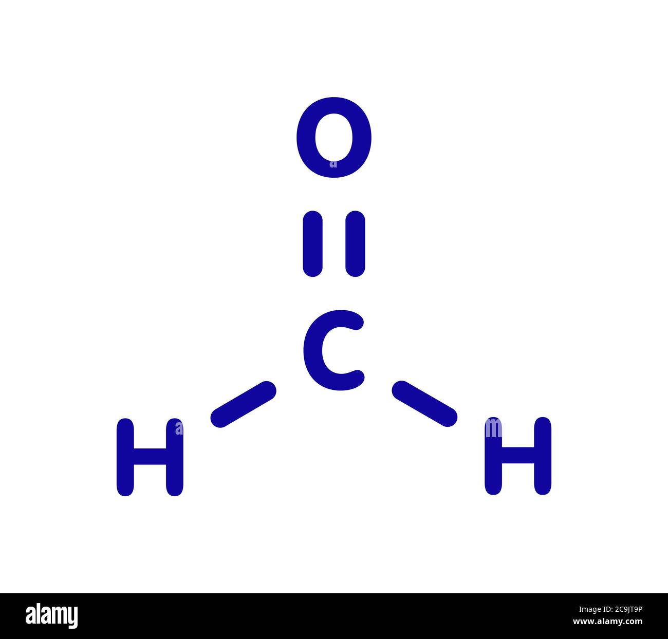 Molécule de formaldéhyde (méthanal). Polluant intérieur important. Formule squelettique bleue sur fond blanc. Banque D'Images