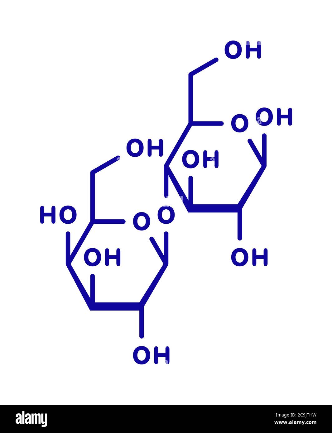 Lactose molécule de sucre de lait. Formule squelettique bleue sur fond blanc. Banque D'Images
