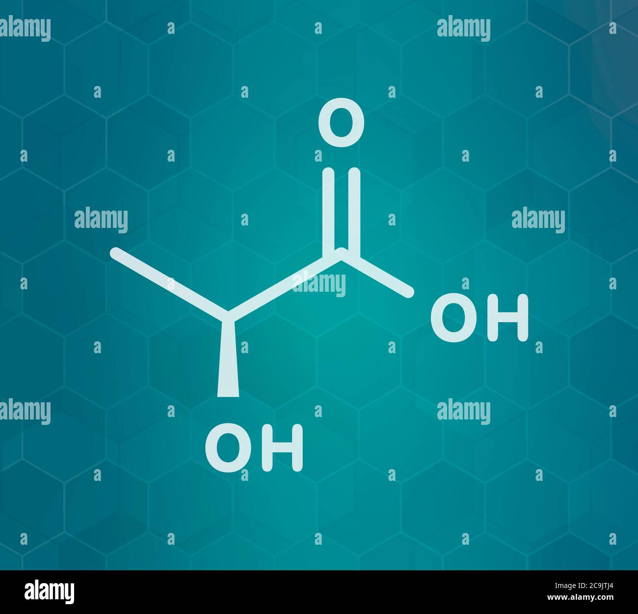 Acide lactique (acide L-lactique) molécule de sucre de lait. Bloc de construction en bioplastique de l'acide polylactique (PLA). Dans le lait. Formule blanche pour le thé noir Banque D'Images