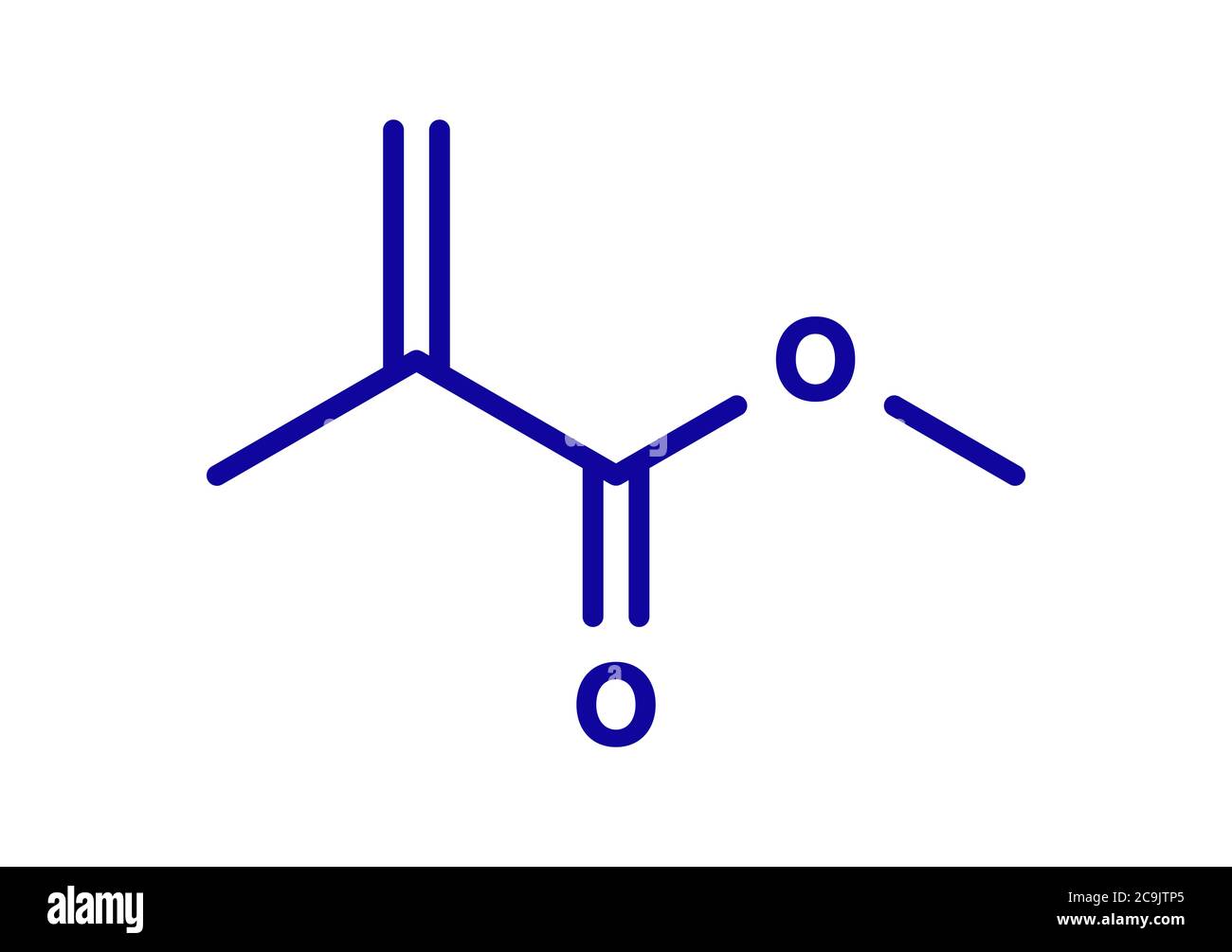 Molécule de méthacrylate de méthyle, poly(méthacrylate de méthyle) ou bloc de construction en verre acrylique. Formule squelettique bleue sur fond blanc. Banque D'Images