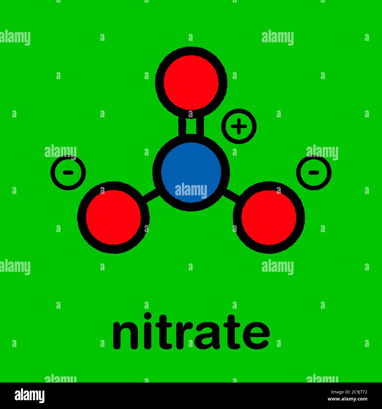 Anion nitrate, structure chimique. Formule squelettique stylisée (structure chimique) : les atomes sont représentés sous forme de cercles à code couleur avec des contours noirs épais et un Banque D'Images