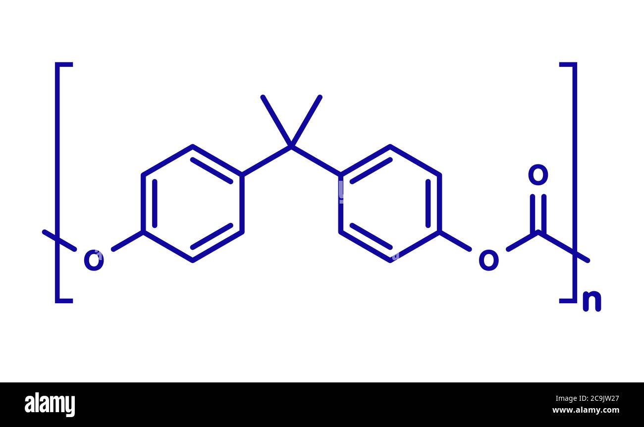 Plastique polycarbonate (PC), structure chimique. Composé de phosgène et de bisphénol A. formule squelettique bleue sur fond blanc. Banque D'Images