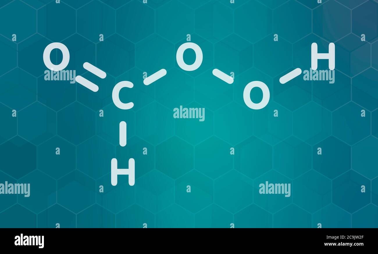 Molécule de désinfectant à l'acide performique (PFA). Utilisé comme désinfectant et stérilisateur. Formule blanche du squelette sur fond de gradient sarcelle foncé avec hexagona Banque D'Images