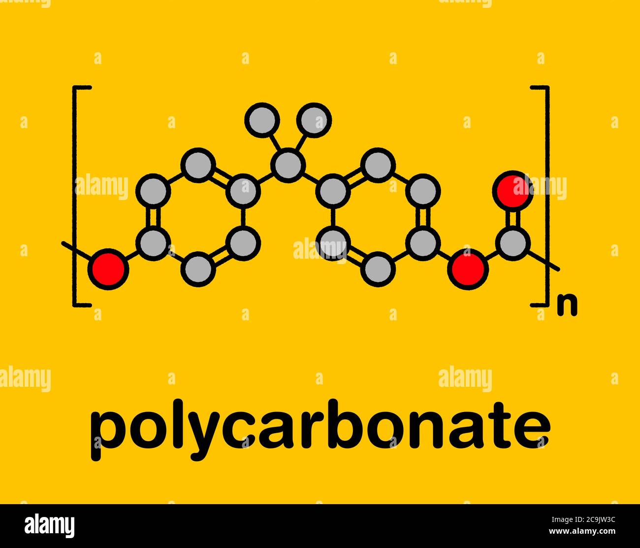 Plastique polycarbonate (PC), structure chimique. Composé de phosgène et de bisphénol A. formule squelettique stylisée : les atomes sont représentés par des cercles à code couleur Banque D'Images