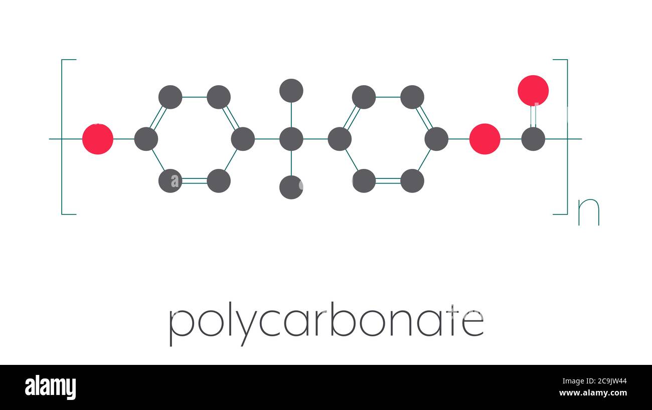 Plastique polycarbonate (PC), structure chimique. Composé de phosgène et de bisphénol A. formule squelettique stylisée : les atomes sont représentés par des cercles à code couleur Banque D'Images