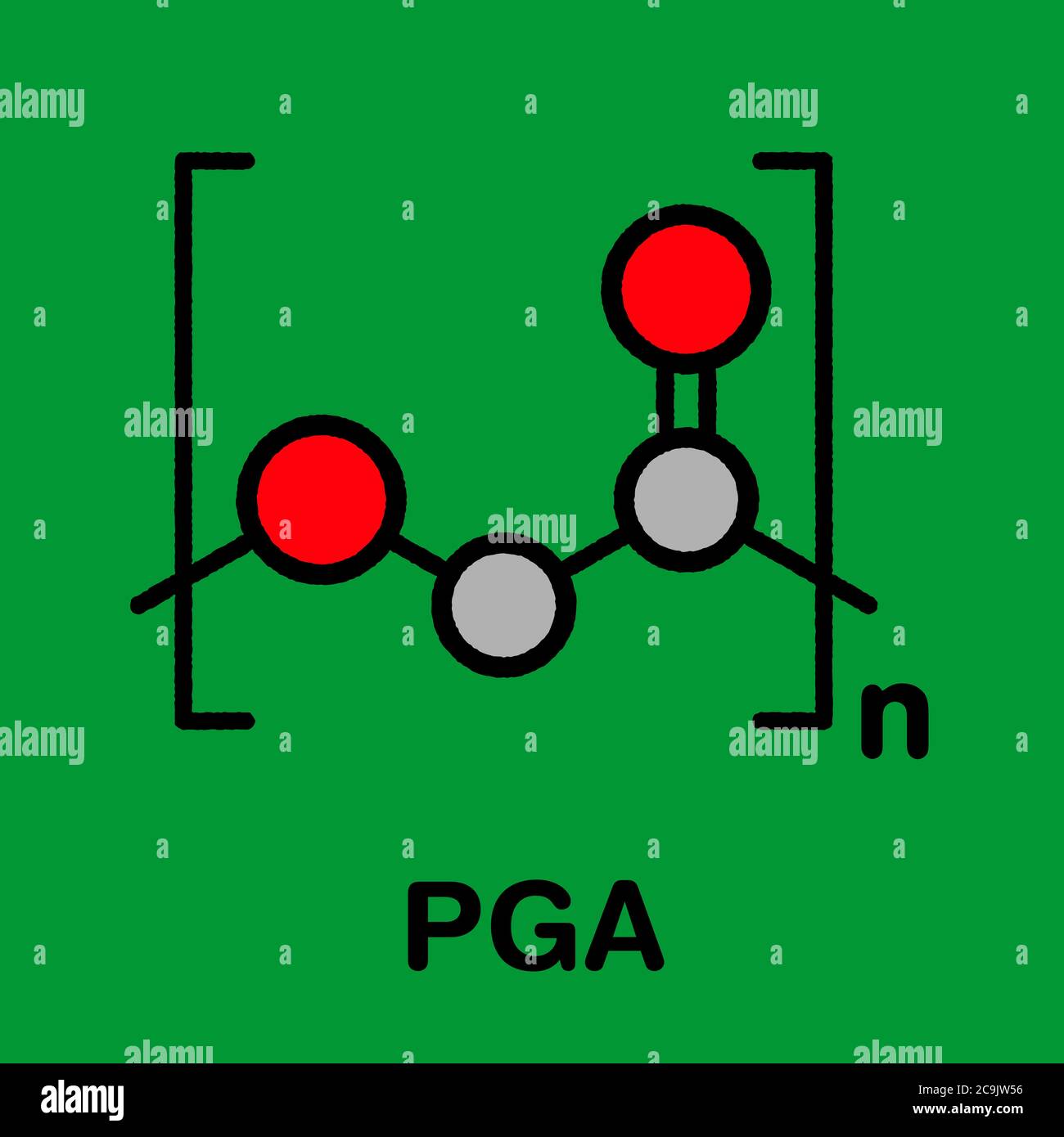 Polymère biodégradable polyglycolide (PGA). Formule squelette stylisée : les atomes sont représentés par des cercles de couleur avec des contours noirs épais et des liens : hydr Banque D'Images