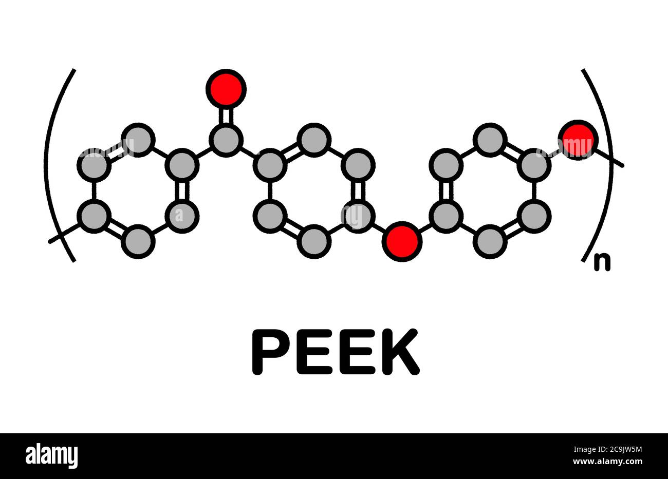 Polyéther éther éther cétone (PEEK) polymère, structure chimique. Formule squelette stylisée : les atomes sont représentés sous forme de cercles à code couleur avec des contours noirs épais Banque D'Images