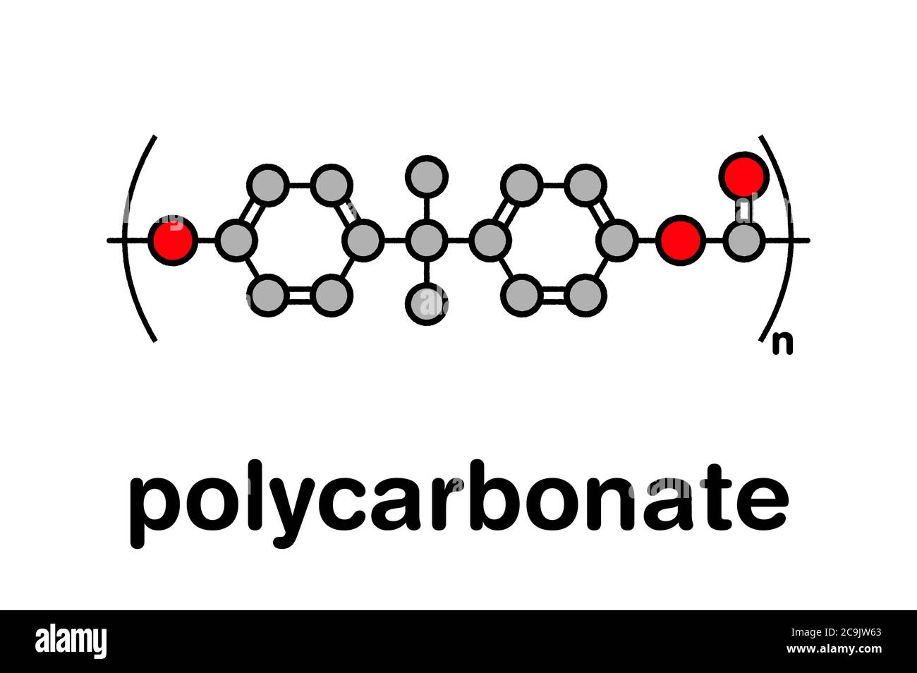 Plastique polycarbonate (PC), structure chimique. Composé de phosgène et de bisphénol A. formule squelettique stylisée : les atomes sont représentés par des cercles à code couleur Banque D'Images