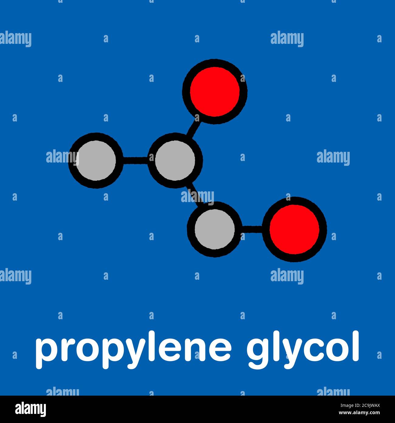 Molécule de propylène glycol (1,2-propanediol). Utilisé comme solvant dans les médicaments pharmaceutiques, comme additif alimentaire, dans les solutions de dégivrage, etc stylisé squelette f Banque D'Images