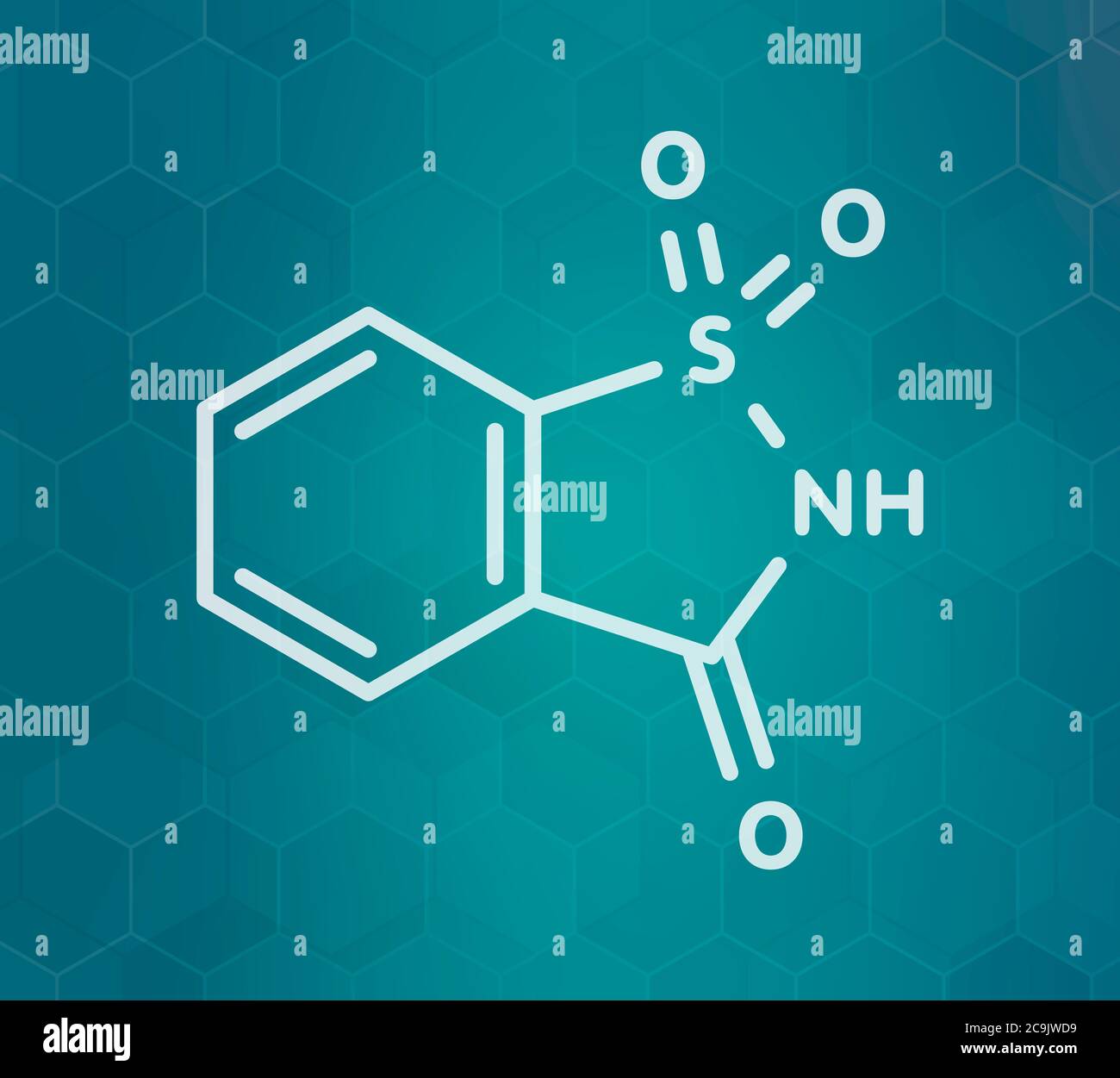 Molécule d'édulcorant artificiel de saccharine. Formule blanche du squelette sur fond de gradient sarcelle foncé avec motif hexagonal. Banque D'Images