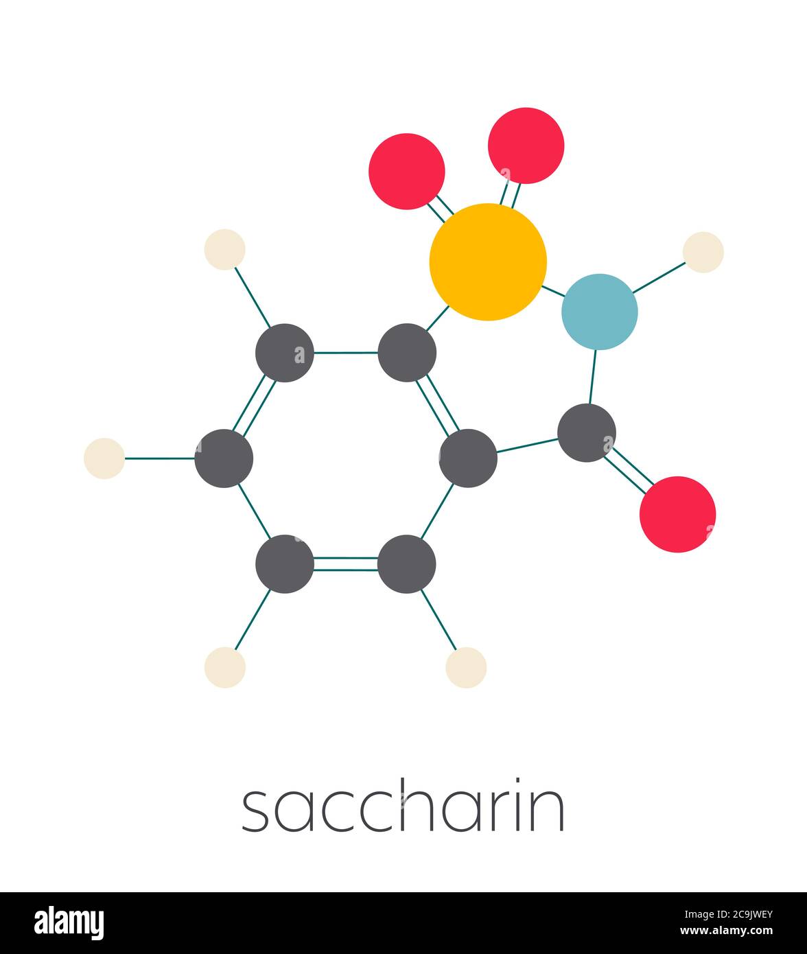 Molécule d'édulcorant artificiel de saccharine. Formule squelettique stylisée (structure chimique). Les atomes sont représentés sous forme de cercles à code couleur reliés par une liaison mince Banque D'Images