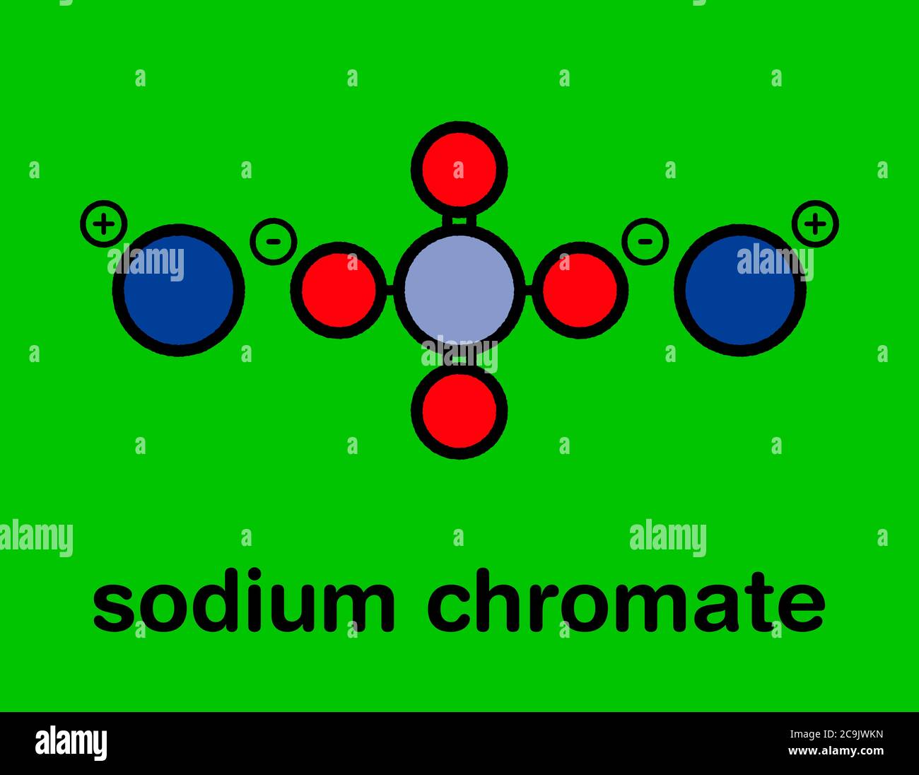 Chromate de sodium, structure chimique. Formule squelettique stylisée (structure chimique) : les atomes sont représentés sous forme de cercles à code couleur avec des contours noirs épais Banque D'Images