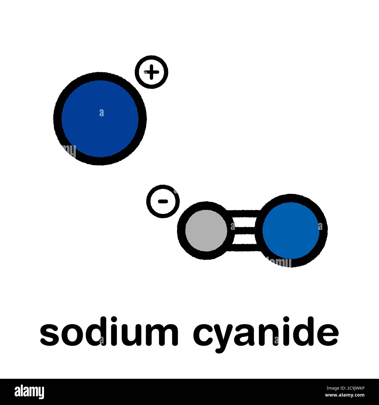 Cyanure de sodium, structure chimique. Formule squelettique stylisée (structure chimique) : les atomes sont représentés sous forme de cercles à code couleur avec des contours noirs épais a Banque D'Images