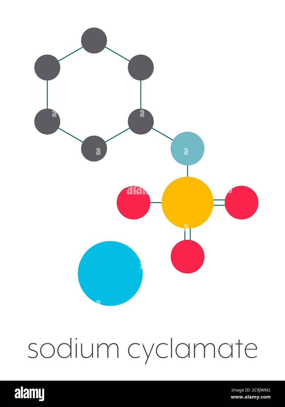 Molécule d'édulcorant artificiel au cyclamate de sodium. Formule squelettique stylisée (structure chimique). Les atomes sont représentés par des cercles de couleur reliés par TH Banque D'Images