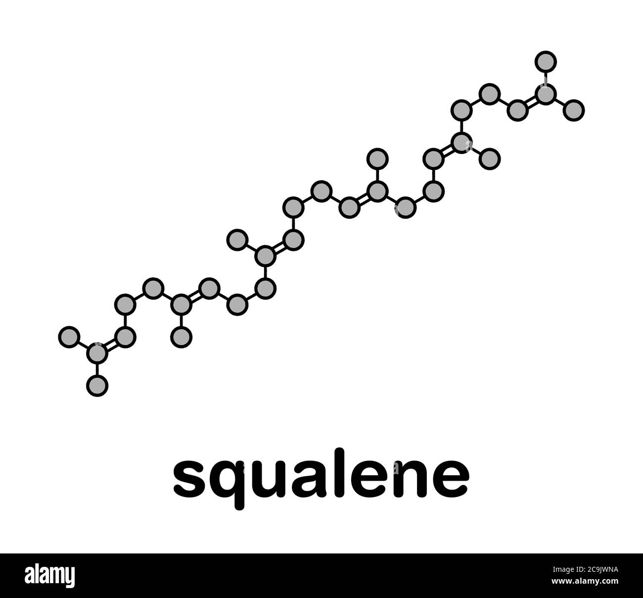 Molécule d'hydrocarbure naturel de squalène. Trouvé dans l'huile de foie de requin et nombre de sources végétales. Formule squelettique stylisée (structure chimique). Les atomes le sont Banque D'Images