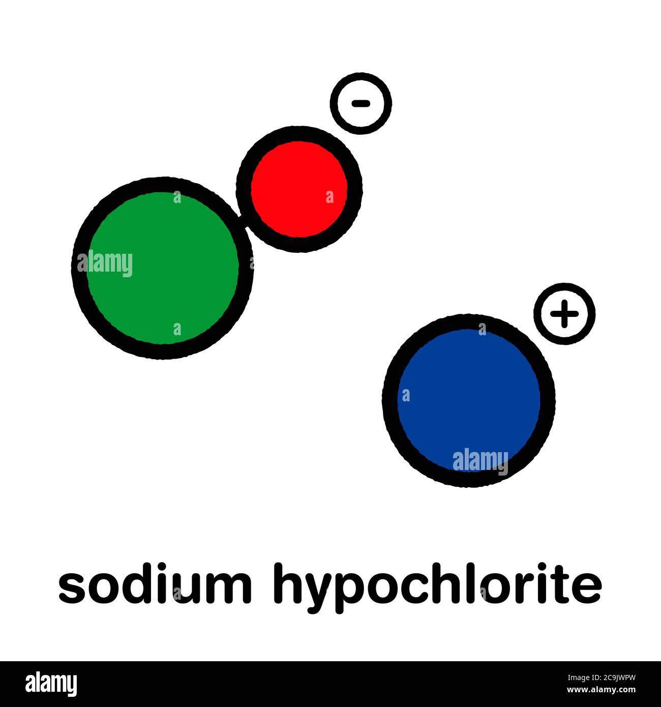 Molécule d'hypochlorite de sodium (NaOCl). La solution aqueuse est connue  sous le nom d'eau de Javel (liquide). Formule squelettique stylisée  (structure chimique). Les atomes sont représentés par Photo Stock - Alamy