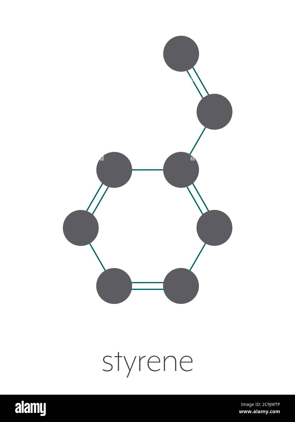 Styrène (éthénylbenzène, vinylbenzène, phényléthène) molécule de bloc de construction en polystyrène. Formule squelettique stylisée (structure chimique). Les atomes sont SH Banque D'Images