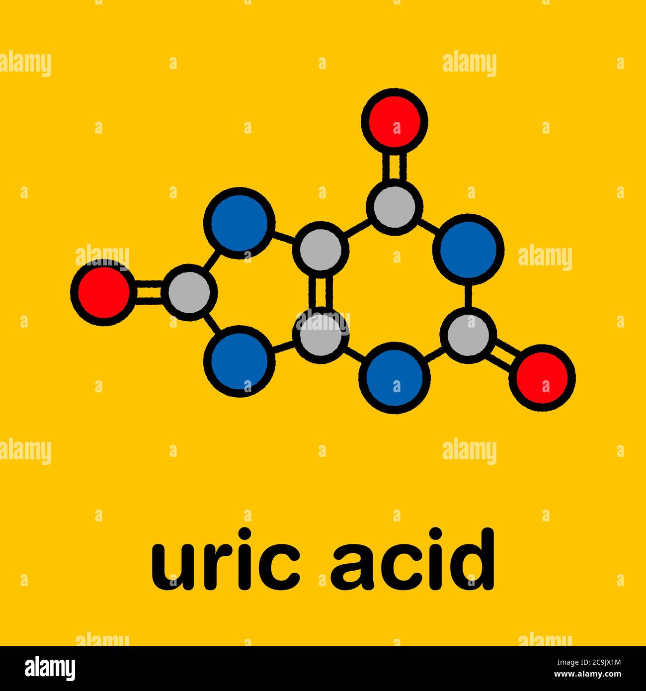 Molécule d'acide urique. Les niveaux élevés de sang mènent à la maladie de goutte. Formule squelettique stylisée (structure chimique). Les atomes sont représentés sous forme de cercles avec code couleur Banque D'Images