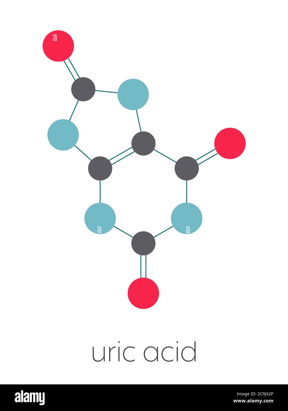 Molécule d'acide urique. Les niveaux élevés de sang mènent à la maladie de goutte. Formule squelettique stylisée (structure chimique). Les atomes sont représentés par des cercles de couleur con Banque D'Images