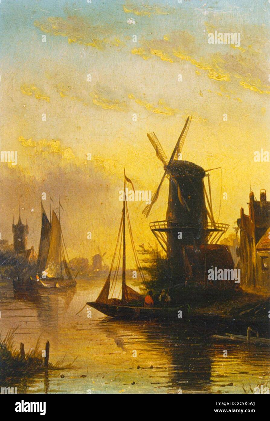 Jan Jacob Coenraad Spohler - UN paysage d'été avec moulin à vent au coucher du soleil. Banque D'Images