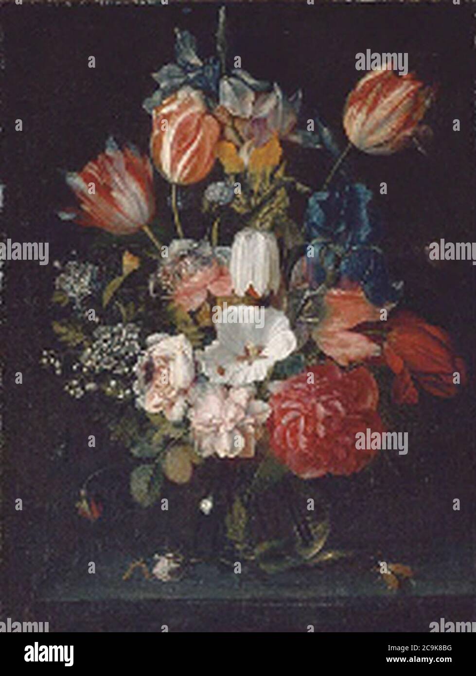 Jan Pauwel Gillemans (I) - fleurs dans un vase en verre une chenille et deux insectes sur une laisse en pierre. Banque D'Images
