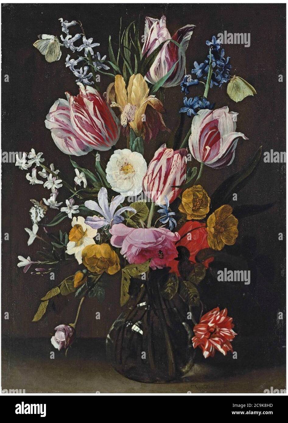 Jan Philip van Thielen - Tulips, jonquilles, iris et roses dans un vase en verre avec papillons et autres insectes sur une laisse. Banque D'Images