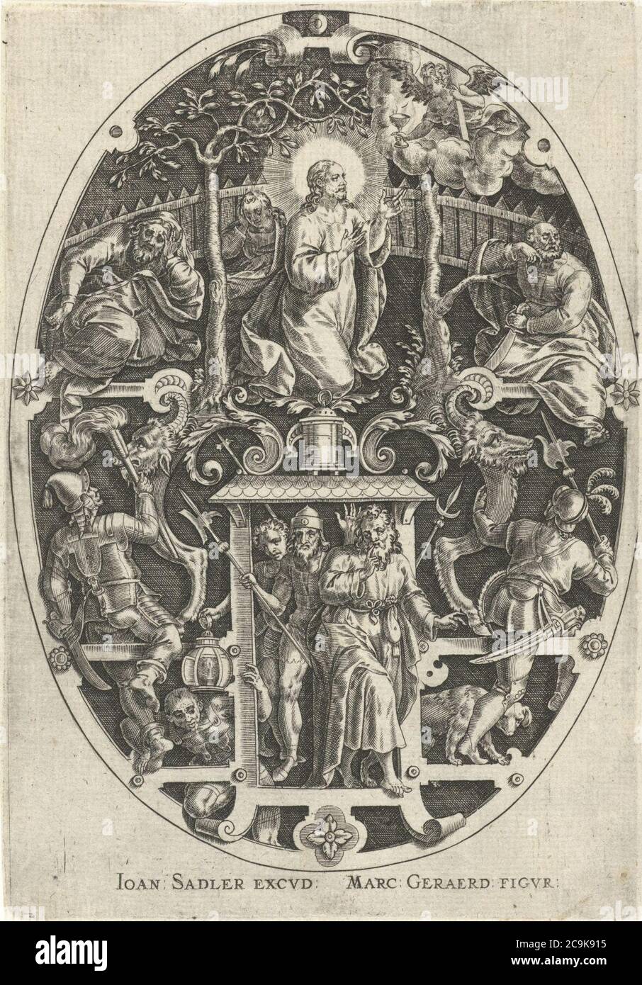 Jan Sadeler (I), après Marcus Gheeraerts (I) - Passio verbigenae quae nostra redemptio Christi - Christ dans le jardin de Gethsemane. Banque D'Images