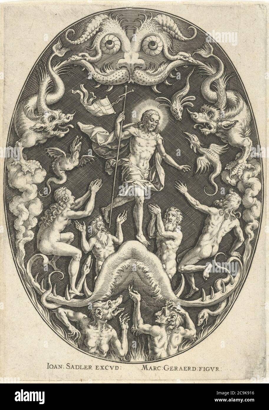 Jan Sadeler (I), après Marcus Gheeraerts (I) - Passio verbigenae quae nostra redemptio Christi - Christ in limbo. Banque D'Images