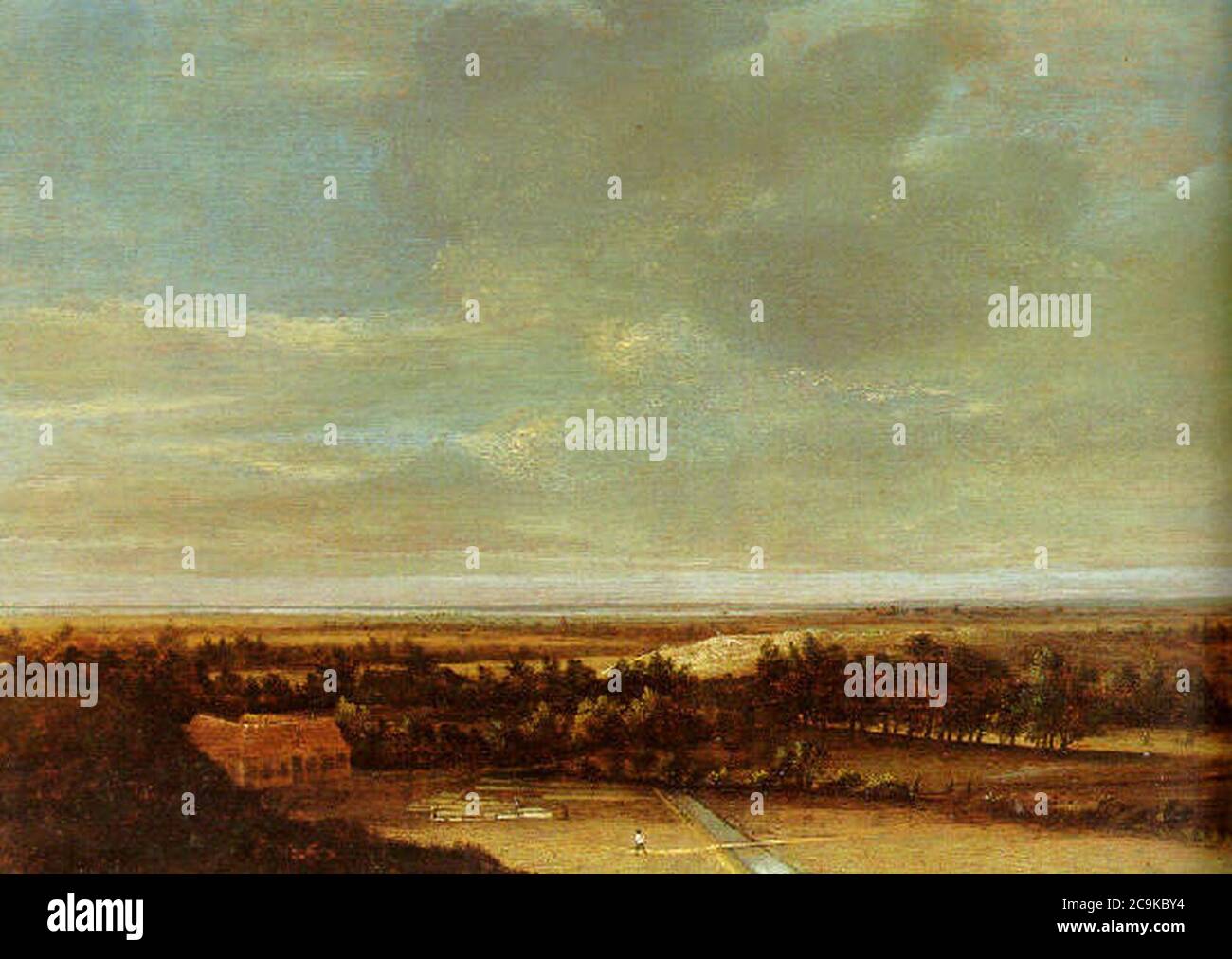 Jan Vermeer van Haarlem I - un vaste paysage de dunes avec une ferme et un sol de blanchiment. Banque D'Images