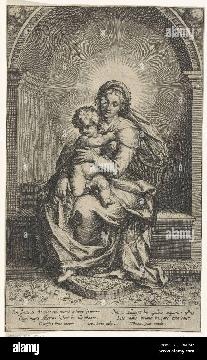 Jan-Baptist Barbé - la Vierge assise sur un trône, tenant le bébé, avec un oiseau. Banque D'Images