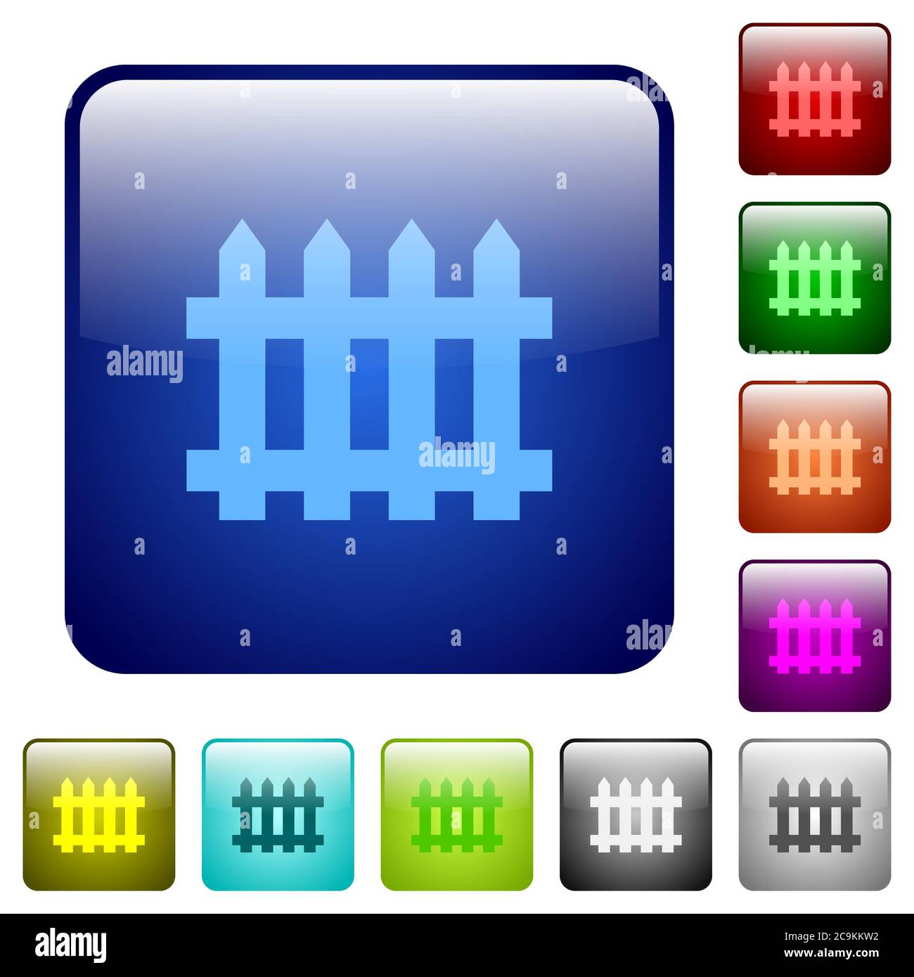 Icônes de clôture dans un ensemble de boutons brillants de couleur carrée arrondie Illustration de Vecteur