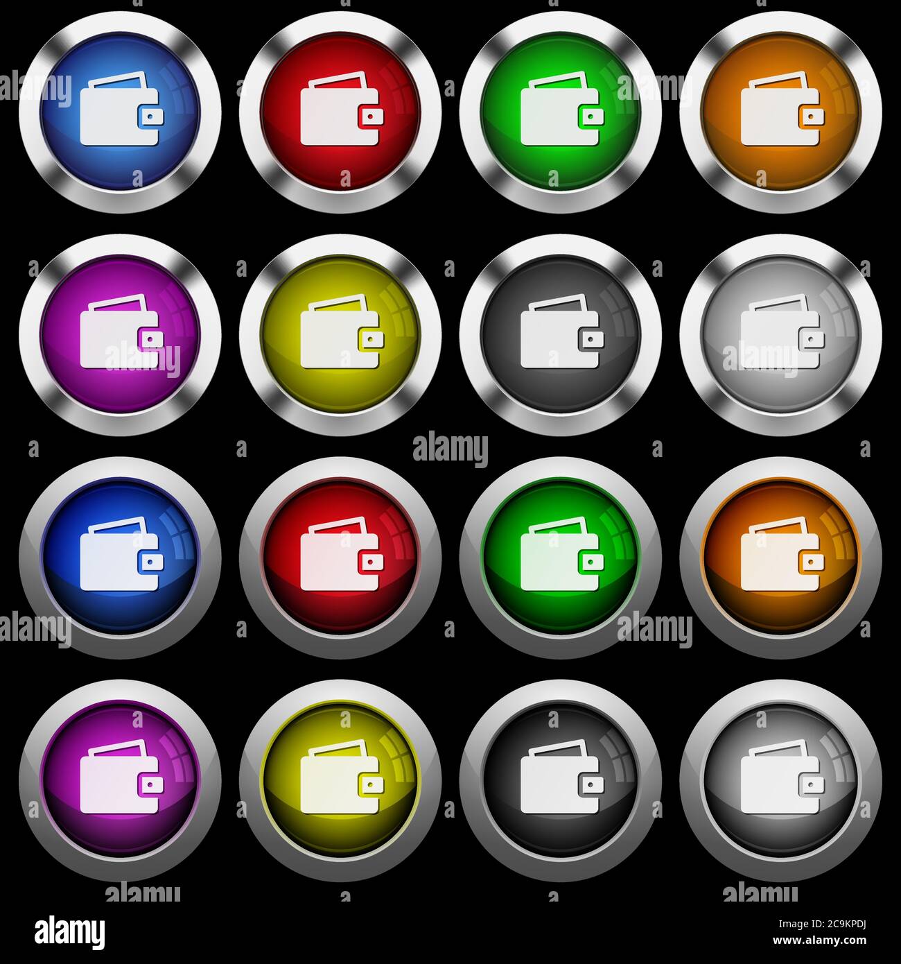 Porte-monnaie unique icônes blanches dans des boutons ronds brillants avec cadres en acier sur fond noir. Les boutons sont de deux styles différents et de huit couleurs. Illustration de Vecteur