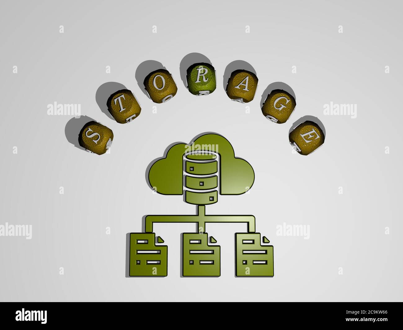 Représentation 3D du stockage avec icône sur le mur et texte disposé par des lettres cubes métalliques sur un fond miroir pour la signification du concept et la présentation du diaporama. Illustration et données Banque D'Images