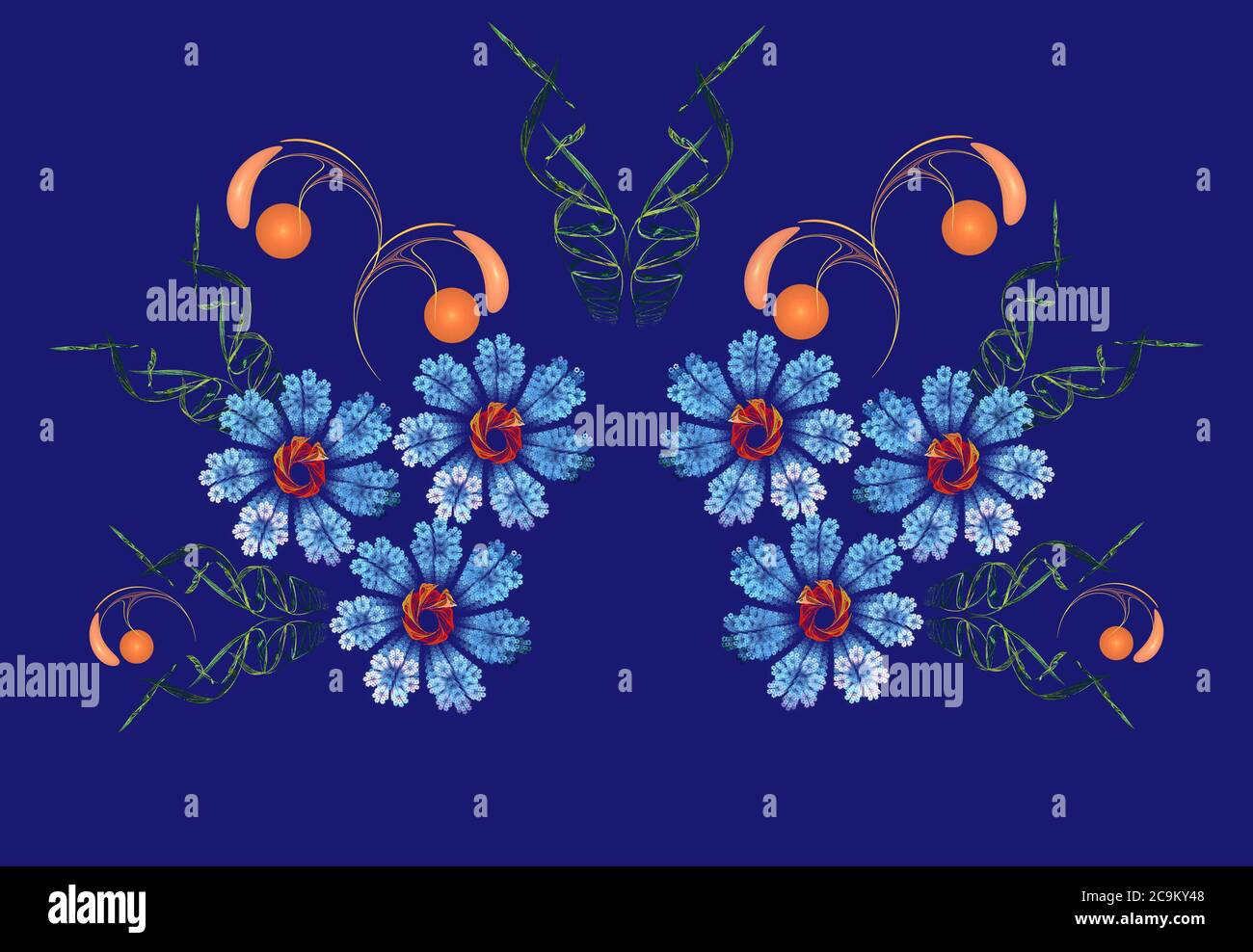 Fractales, motif floral abstrait sur fond bleu Banque D'Images