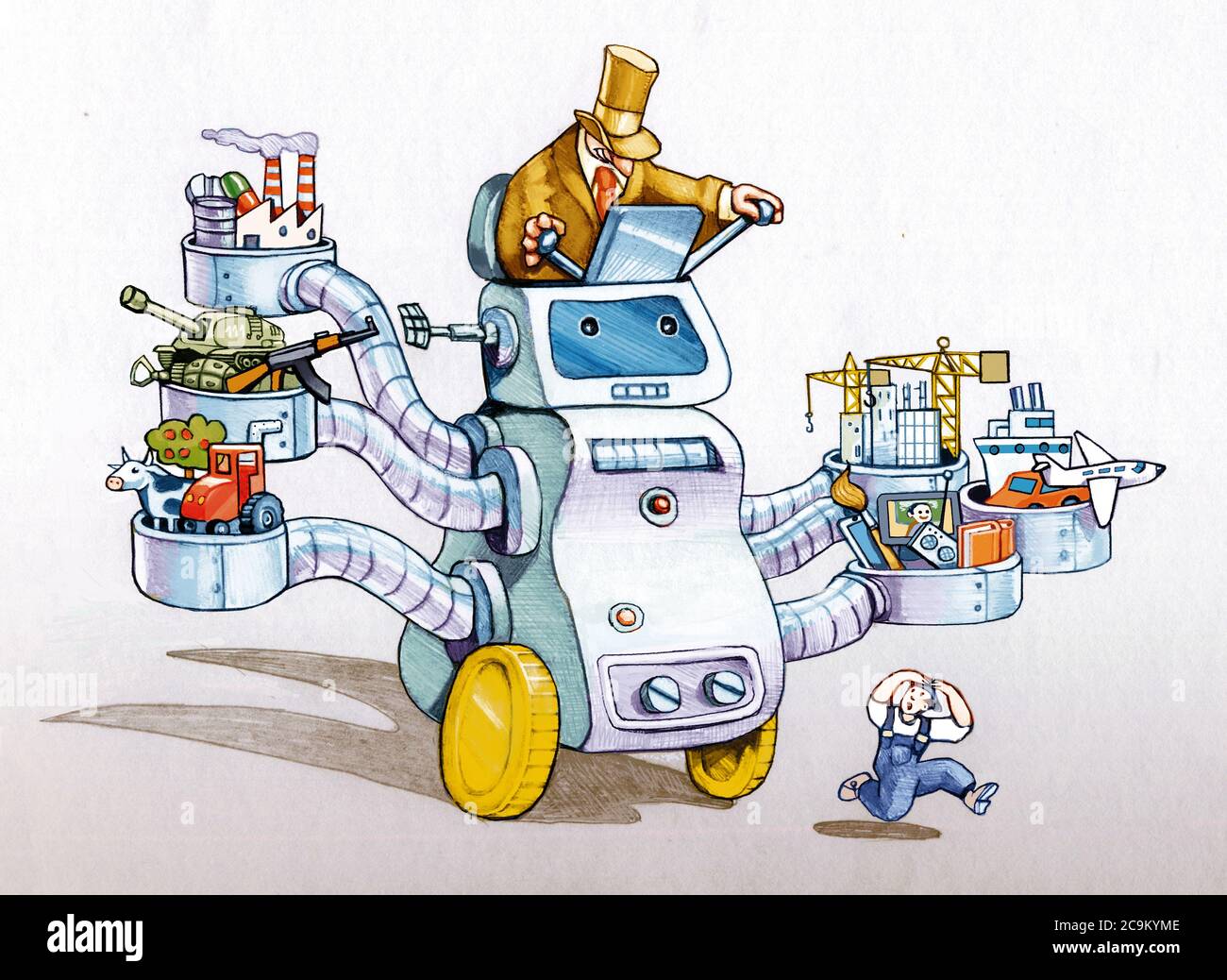 L'homme d'affaires conduit une caricature politique de robot géant Banque D'Images
